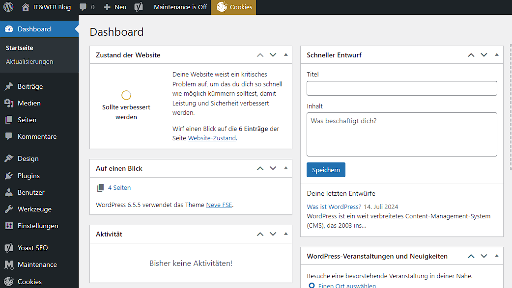 Dashboard des Wordpress backend