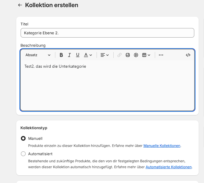 Shopify Kategorie Ebene 2 anlegen