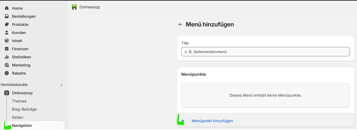 Shopify Menü hinzufügen