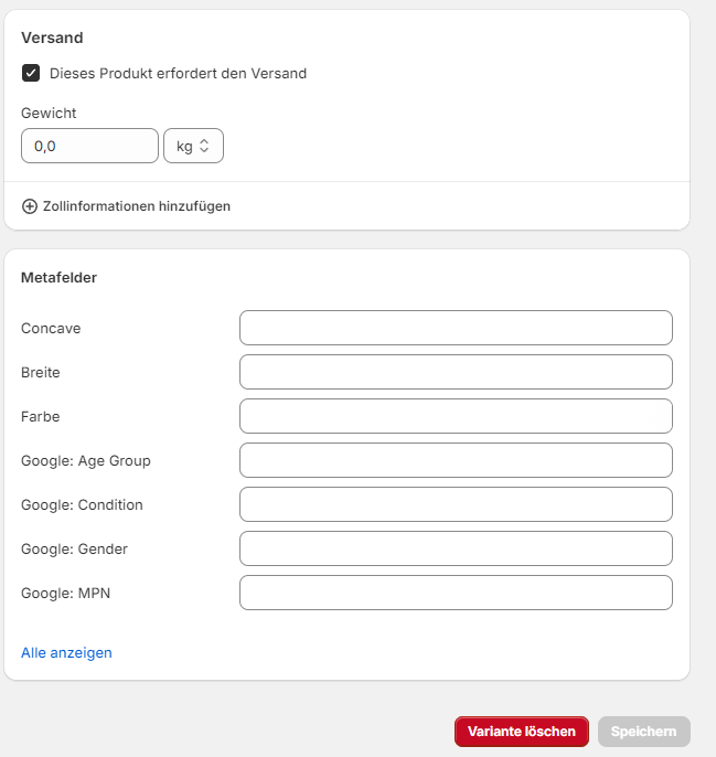 Varianten Metafelder Shopify
