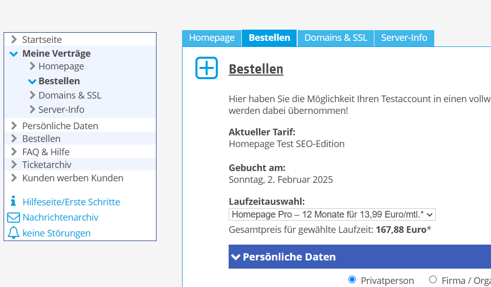 Alfahosting Homepage-Baukasten nach der Testphase bestellen